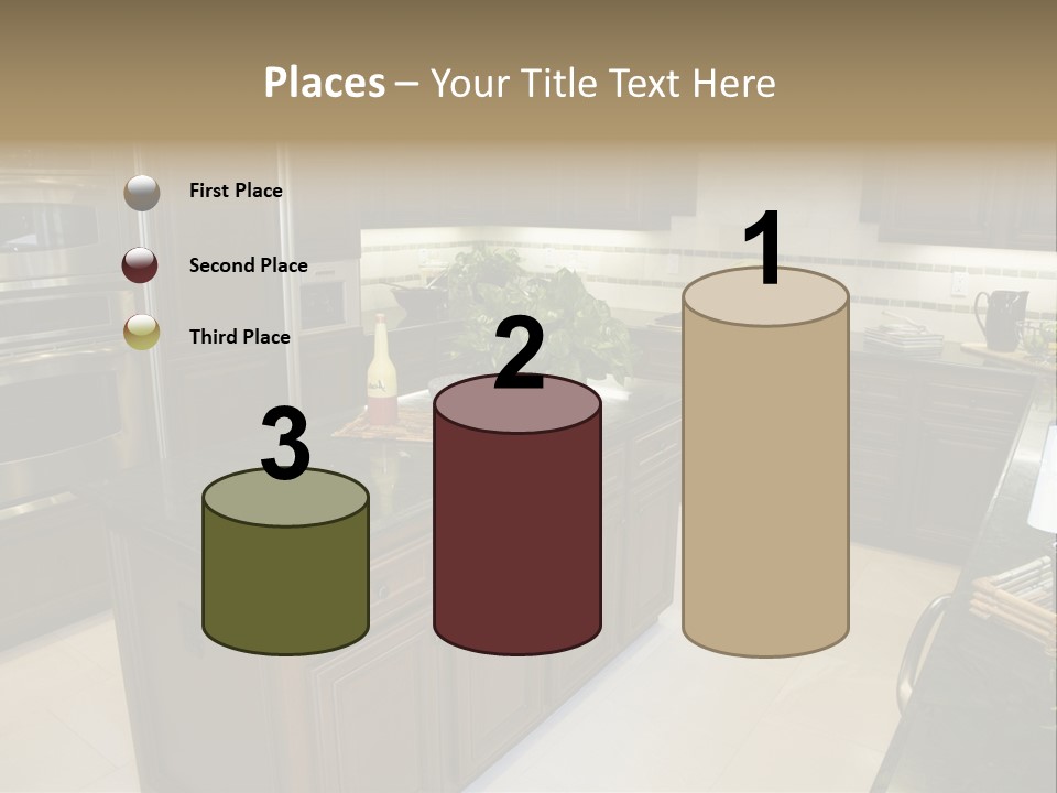 A Large Kitchen With A Center Island With A Wine Bottle On It PowerPoint Template