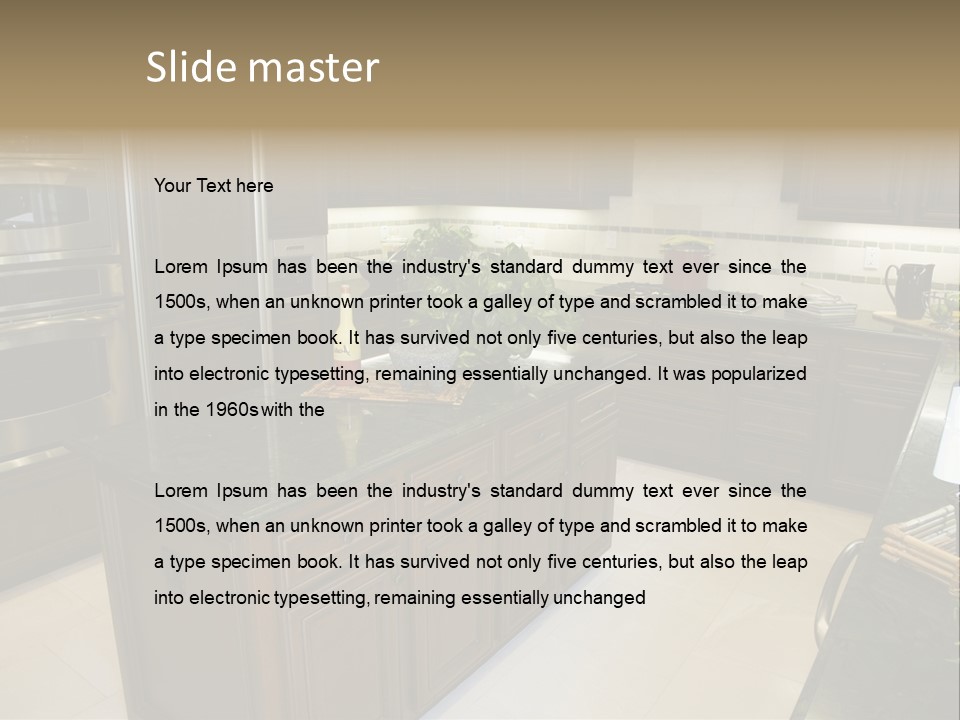 A Large Kitchen With A Center Island With A Wine Bottle On It PowerPoint Template