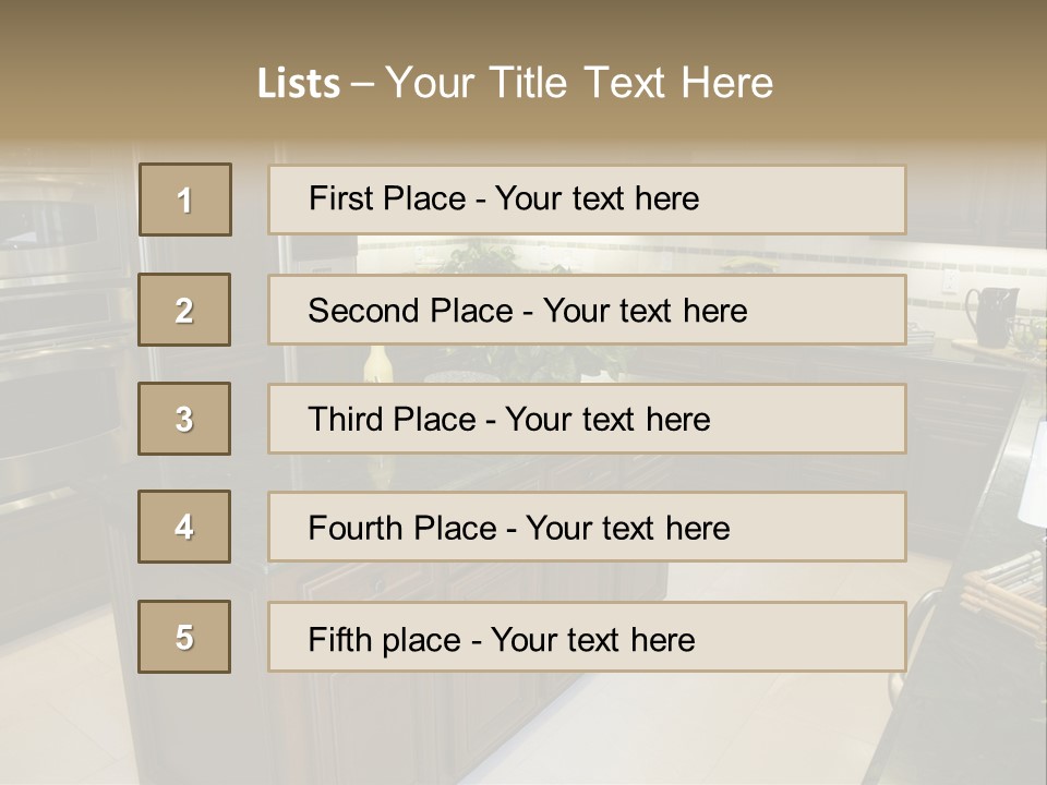 A Large Kitchen With A Center Island With A Wine Bottle On It PowerPoint Template