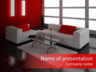 A Living Room With A White Couch And Red Pillows PowerPoint Template