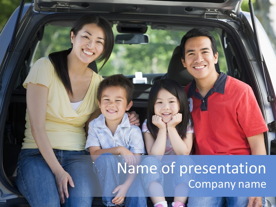 A Family Sitting In The Back Of A Car PowerPoint Template