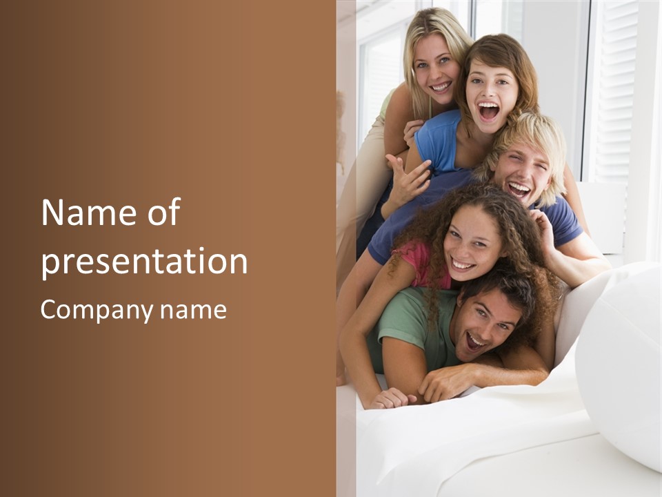 Five People In Living Room Piled Up Smiling PowerPoint Template