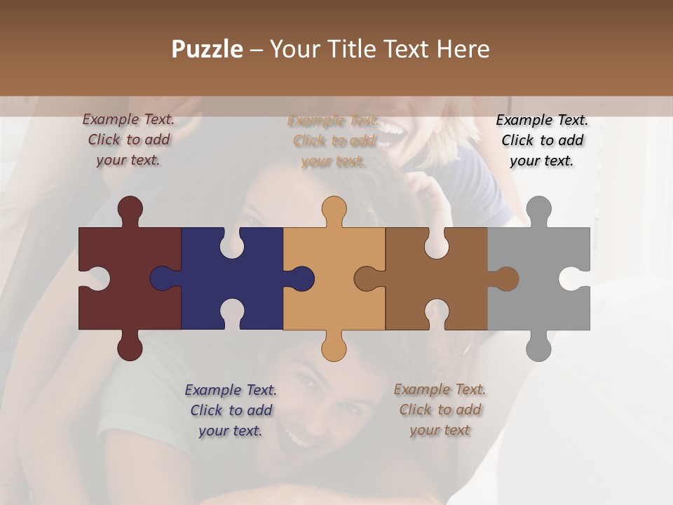 Five People In Living Room Piled Up Smiling PowerPoint Template