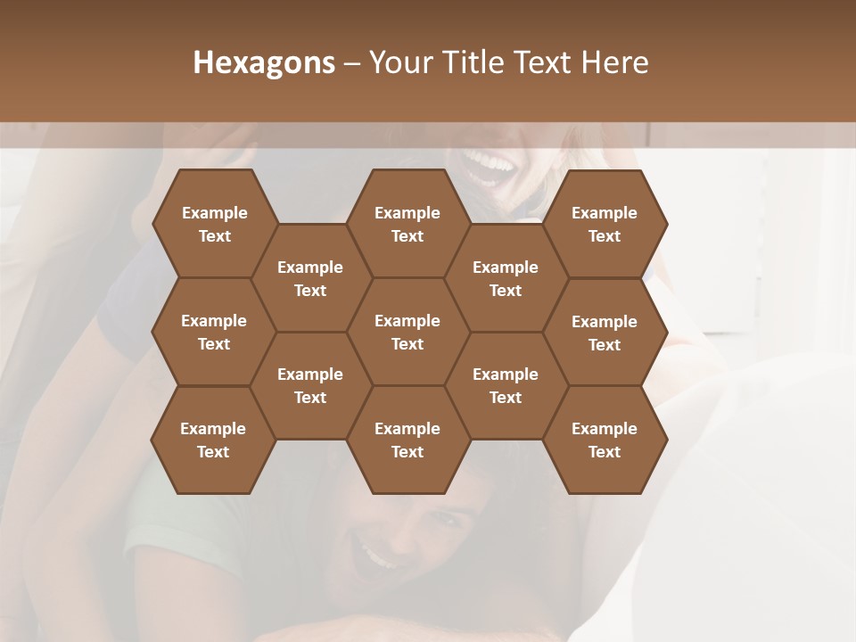 Five People In Living Room Piled Up Smiling PowerPoint Template