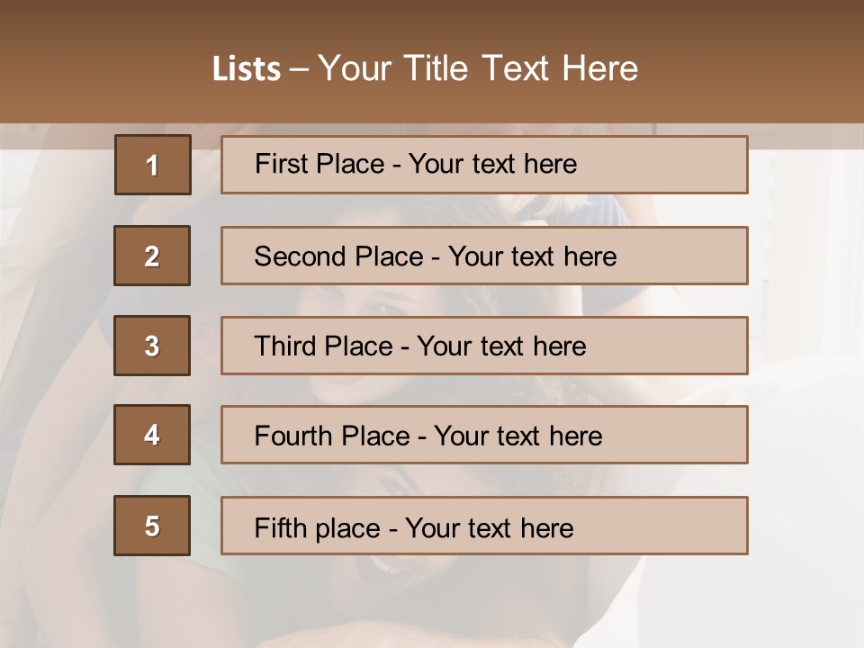 Five People In Living Room Piled Up Smiling PowerPoint Template