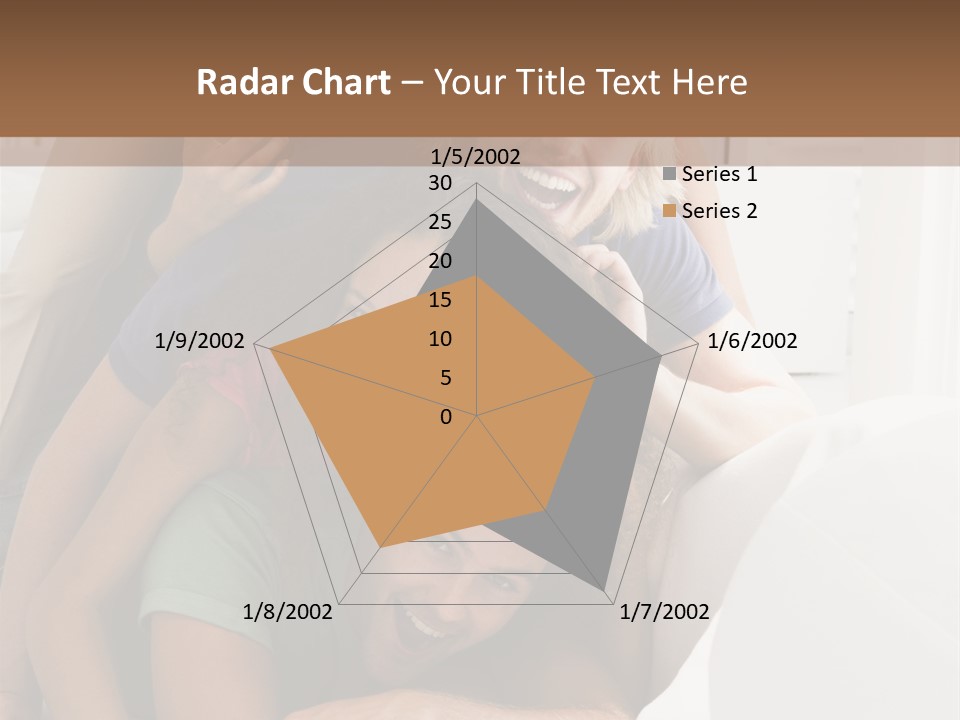 Five People In Living Room Piled Up Smiling PowerPoint Template