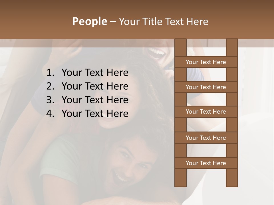 Five People In Living Room Piled Up Smiling PowerPoint Template
