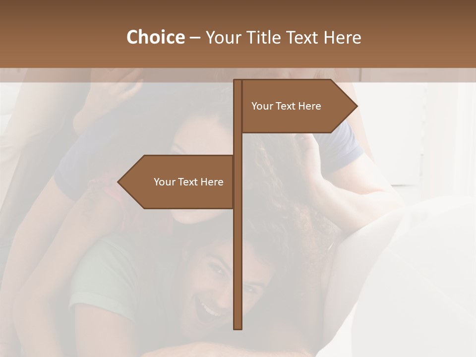 Five People In Living Room Piled Up Smiling PowerPoint Template