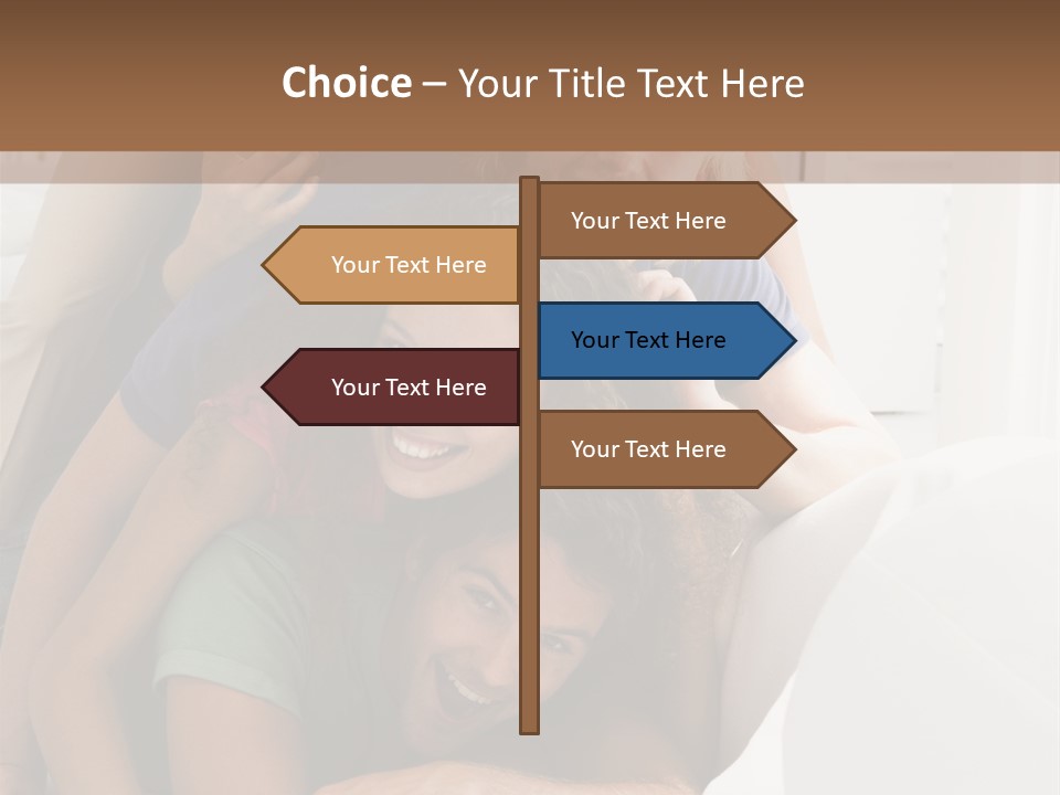 Five People In Living Room Piled Up Smiling PowerPoint Template