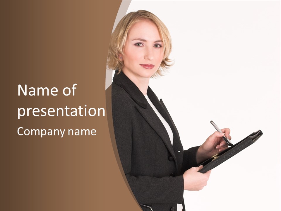 A Woman In A Business Suit Writing On A Clipboard PowerPoint Template