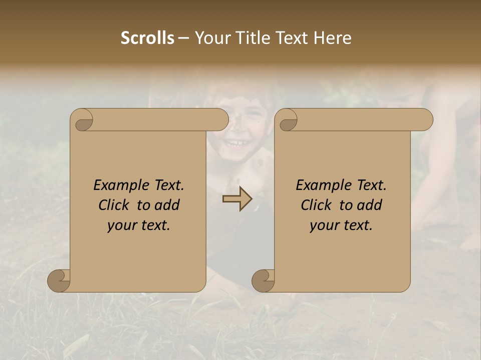 Boy Painted With Mud Sitting In Dirt Hole With Other Boys Playing In Background PowerPoint Template