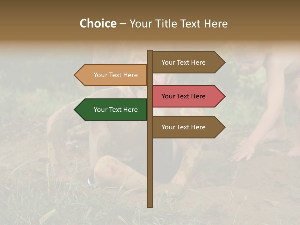 Boy Painted With Mud Sitting In Dirt Hole With Other Boys Playing In Background PowerPoint Template