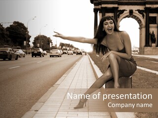 A Woman Is Sitting On A Post On The Side Of The Road PowerPoint Template