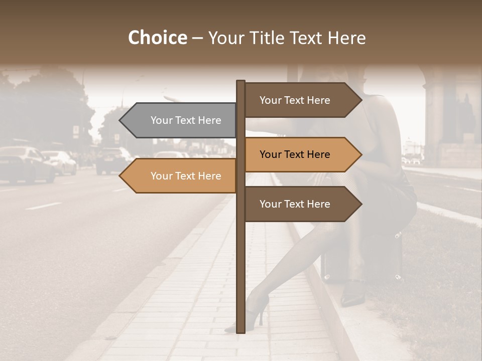 A Woman Is Sitting On A Post On The Side Of The Road PowerPoint Template