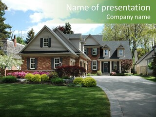 Red Brick House With Black Shutters And Pretty Manicured Lawn / Garden PowerPoint Template