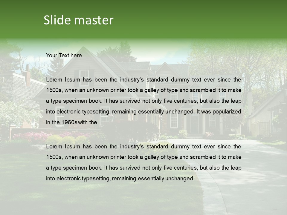 Red Brick House With Black Shutters And Pretty Manicured Lawn / Garden PowerPoint Template