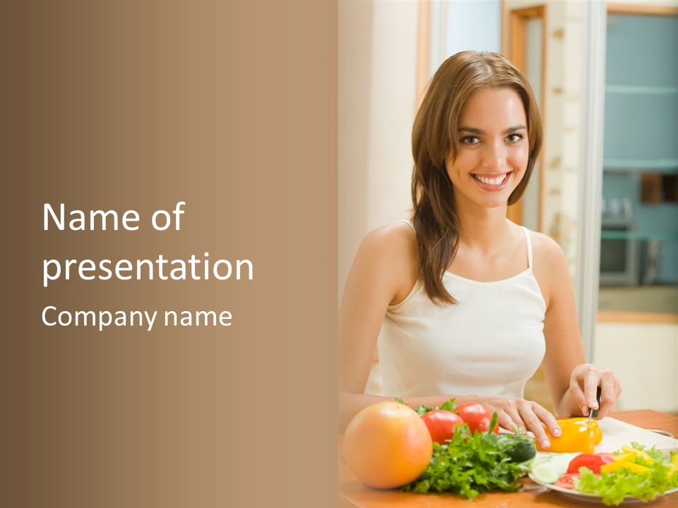 Young Happy Woman Making Salad At Domestic Kitchen PowerPoint Template