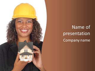 Happy Female Architect Holding A Small House Model PowerPoint Template