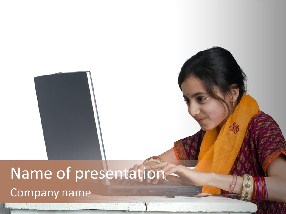 Indian Girl And Laptop Computer Isolated On White PowerPoint Template