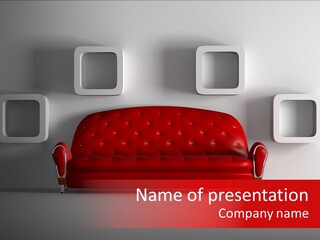 A Red Couch Sitting In Front Of A White Wall PowerPoint Template