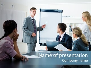 Image Of Smart Business People Looking At Their Leader While He Explaining Something On Whiteboard During Seminar PowerPoint Template
