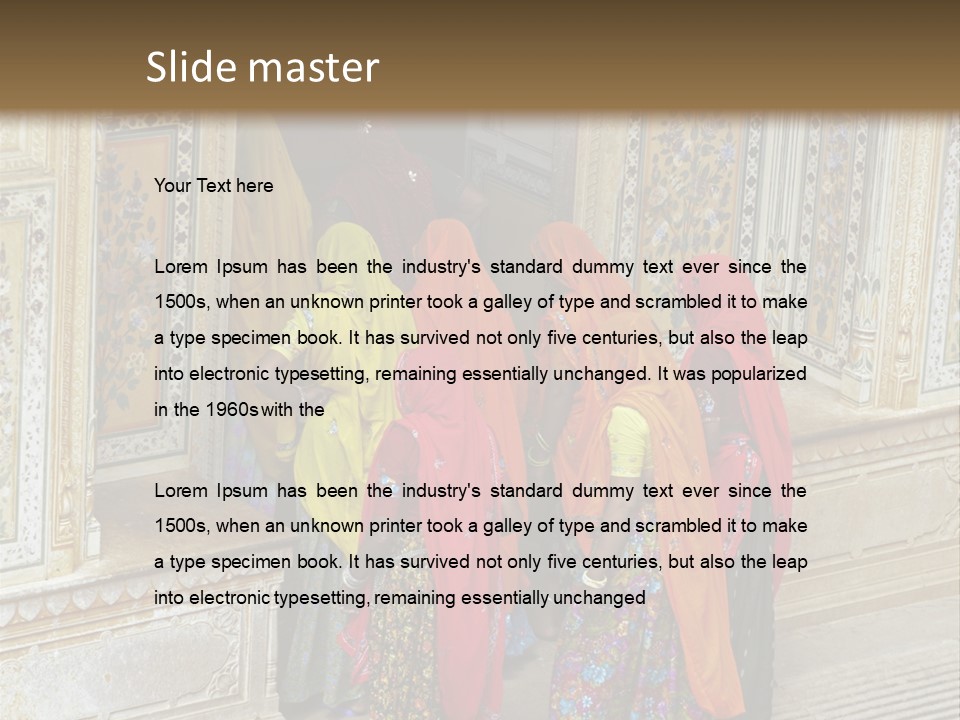 Indian Women In Bright Orange Saris In The Courtyard Of A Rajput Palace. Tiger Fort, Jaipur, Rajasthan, India PowerPoint Template