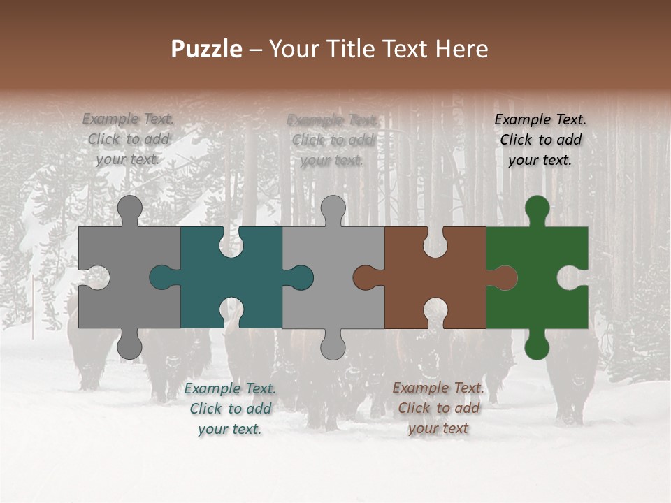 A Herd Of Bison Walking Through A Snow Covered Forest PowerPoint Template