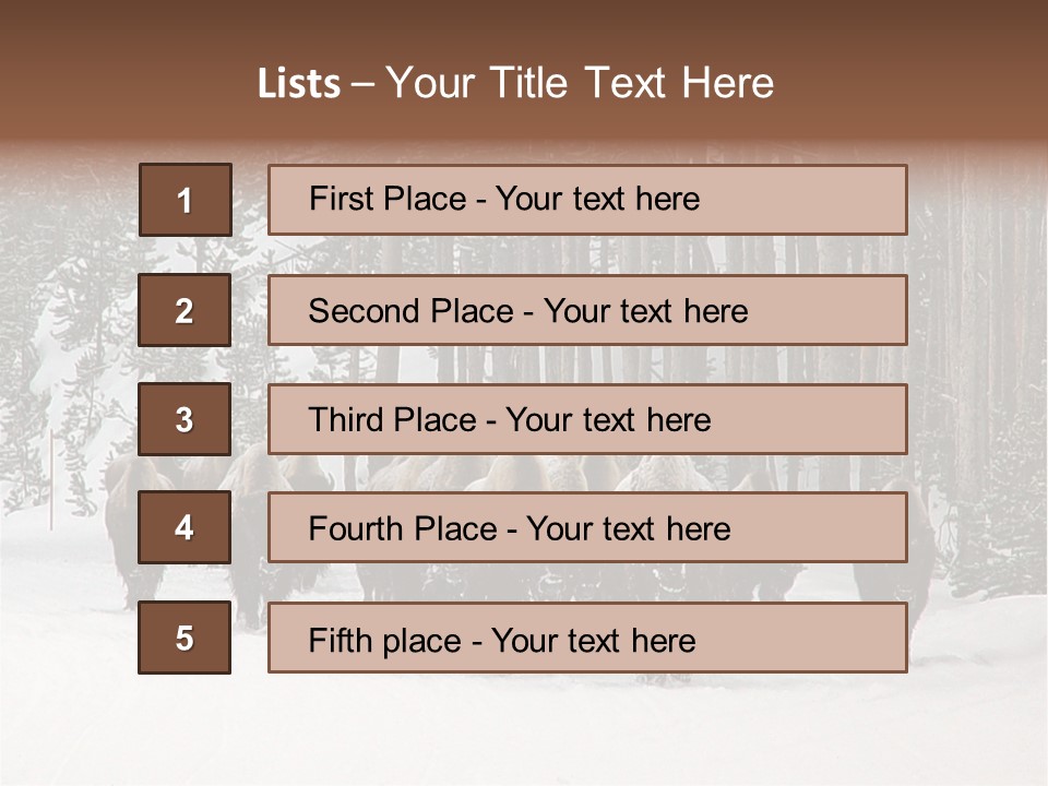 A Herd Of Bison Walking Through A Snow Covered Forest PowerPoint Template
