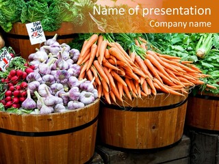 Fresh Organic Vegetables In Big Wooden Buckets PowerPoint Template