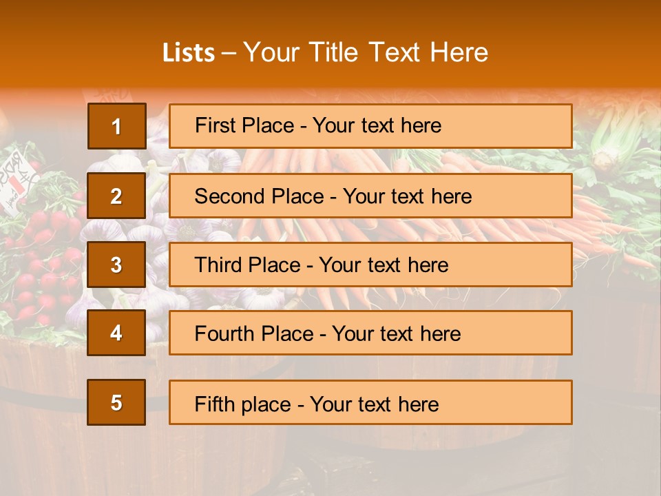 Fresh Organic Vegetables In Big Wooden Buckets PowerPoint Template