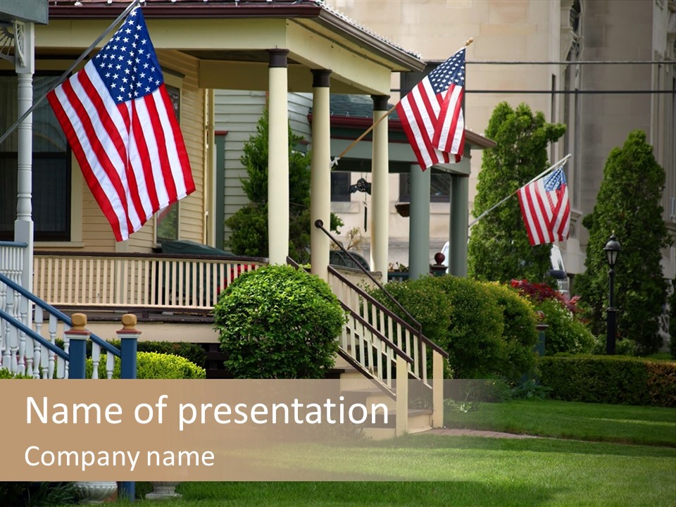 American Flags Flying Proudly On Front Porches Of A Small Town During A Holiday PowerPoint Template