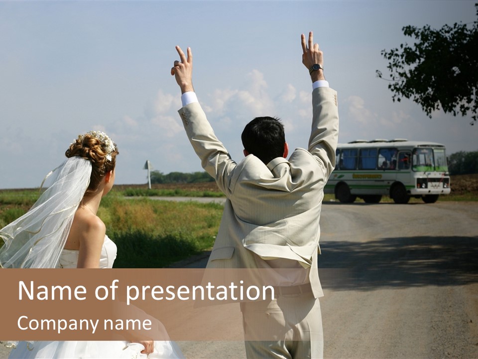 Just Married Couple Hitchhiking In A Field. PowerPoint Template