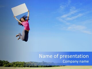 Chinese Girl Jumping With A Blank Sign In A Field. PowerPoint Template