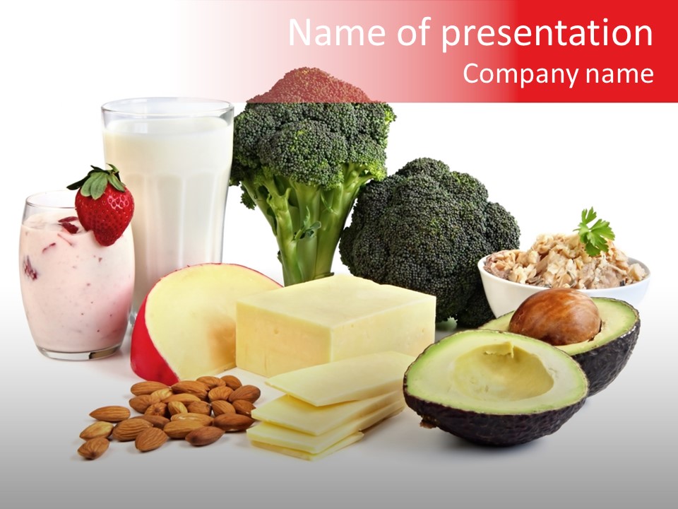 Food Sources Of Calcium, Isolated On White. Includes Milk, Yogurt, Almonds, Cheeses, Broccoli, Salmon, And Avocado. PowerPoint Template