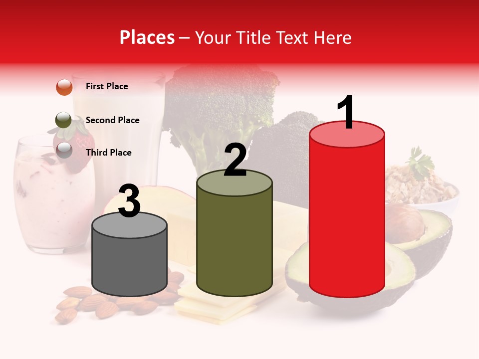 Food Sources Of Calcium, Isolated On White. Includes Milk, Yogurt, Almonds, Cheeses, Broccoli, Salmon, And Avocado. PowerPoint Template