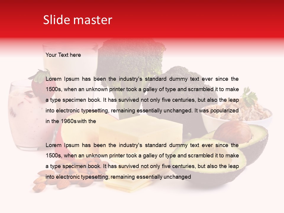 Food Sources Of Calcium, Isolated On White. Includes Milk, Yogurt, Almonds, Cheeses, Broccoli, Salmon, And Avocado. PowerPoint Template