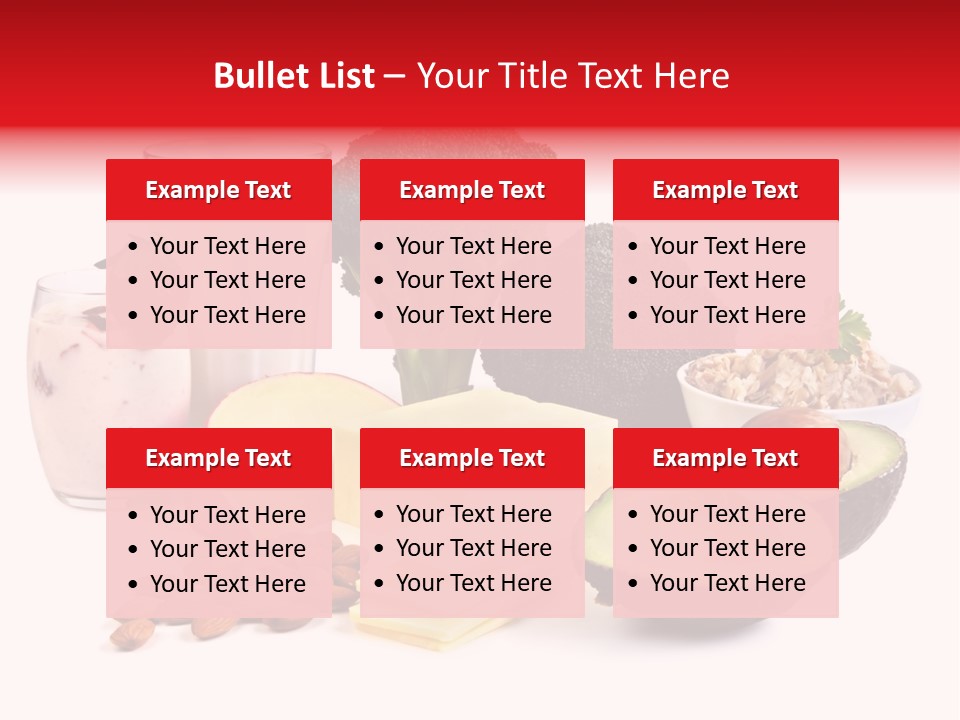 Food Sources Of Calcium, Isolated On White. Includes Milk, Yogurt, Almonds, Cheeses, Broccoli, Salmon, And Avocado. PowerPoint Template