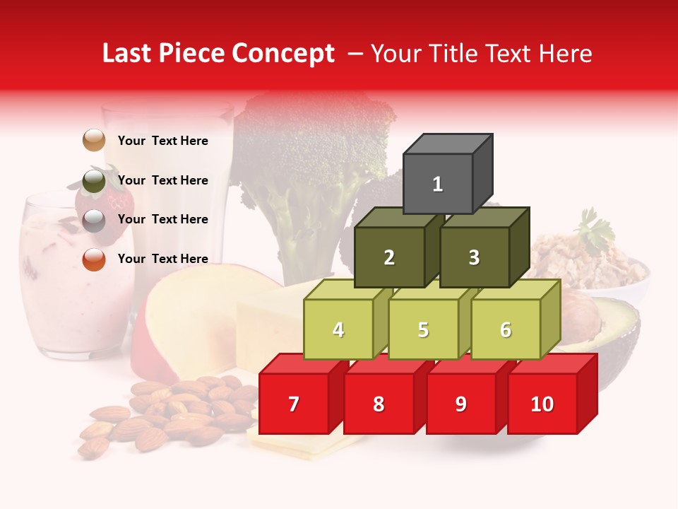 Food Sources Of Calcium, Isolated On White. Includes Milk, Yogurt, Almonds, Cheeses, Broccoli, Salmon, And Avocado. PowerPoint Template