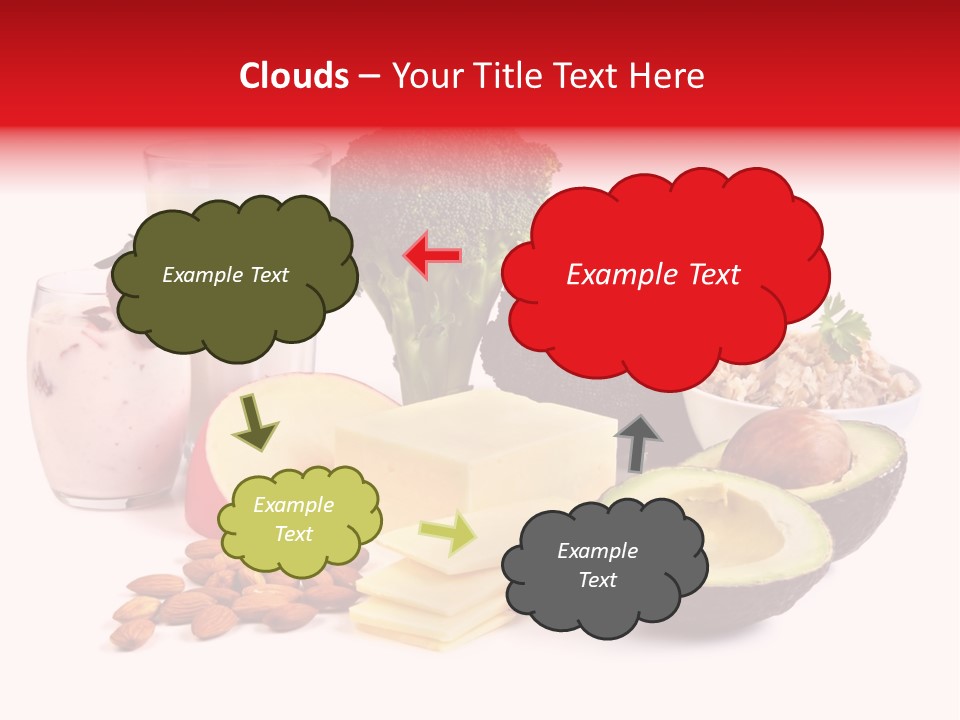 Food Sources Of Calcium, Isolated On White. Includes Milk, Yogurt, Almonds, Cheeses, Broccoli, Salmon, And Avocado. PowerPoint Template