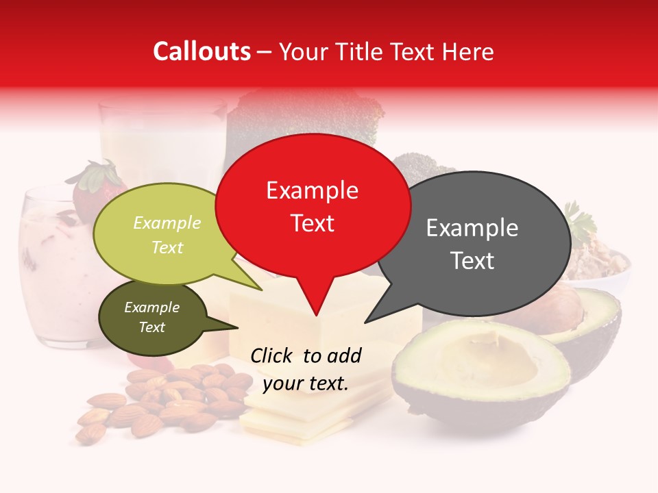 Food Sources Of Calcium, Isolated On White. Includes Milk, Yogurt, Almonds, Cheeses, Broccoli, Salmon, And Avocado. PowerPoint Template