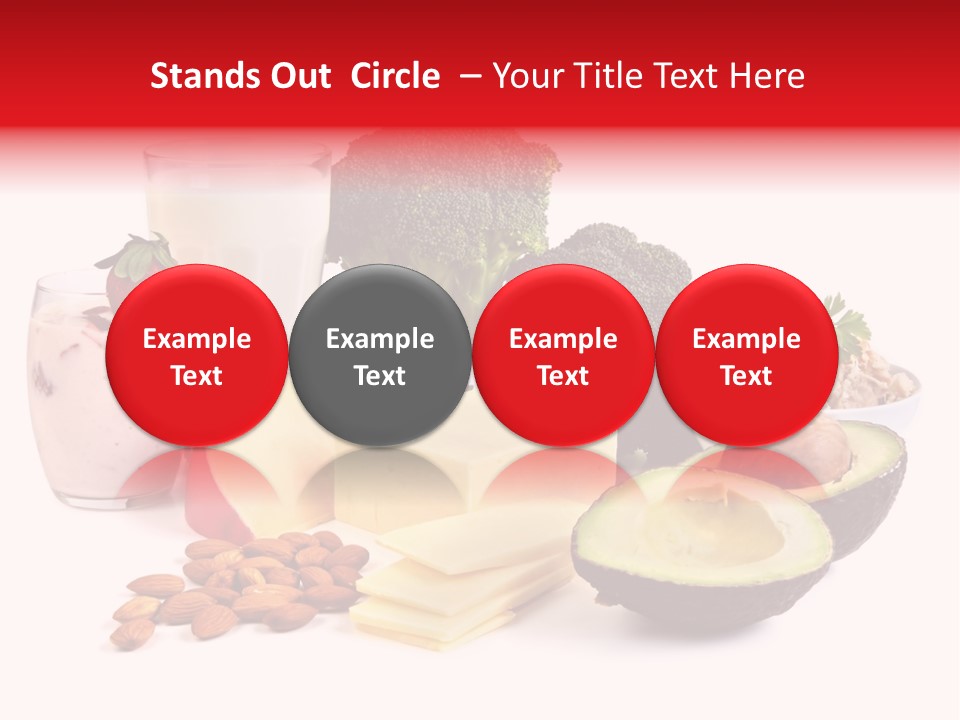 Food Sources Of Calcium, Isolated On White. Includes Milk, Yogurt, Almonds, Cheeses, Broccoli, Salmon, And Avocado. PowerPoint Template