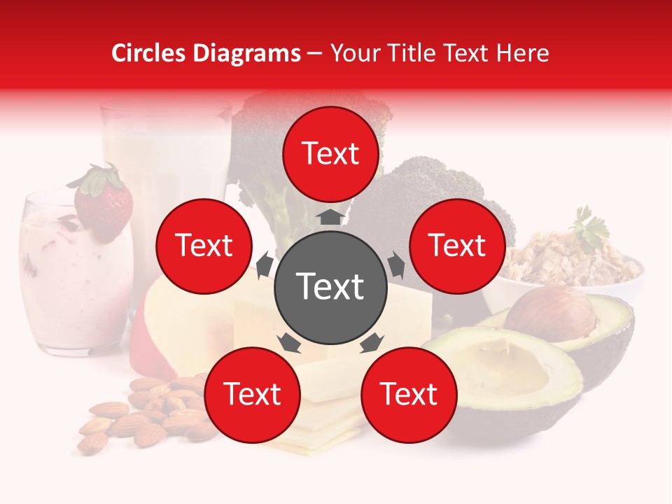 Food Sources Of Calcium, Isolated On White. Includes Milk, Yogurt, Almonds, Cheeses, Broccoli, Salmon, And Avocado. PowerPoint Template
