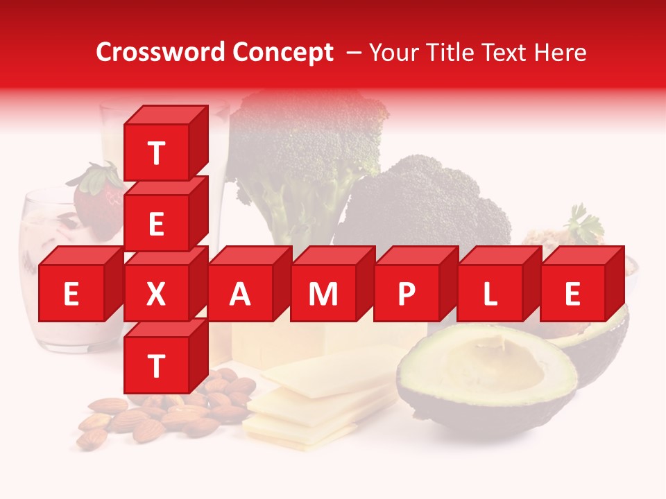 Food Sources Of Calcium, Isolated On White. Includes Milk, Yogurt, Almonds, Cheeses, Broccoli, Salmon, And Avocado. PowerPoint Template