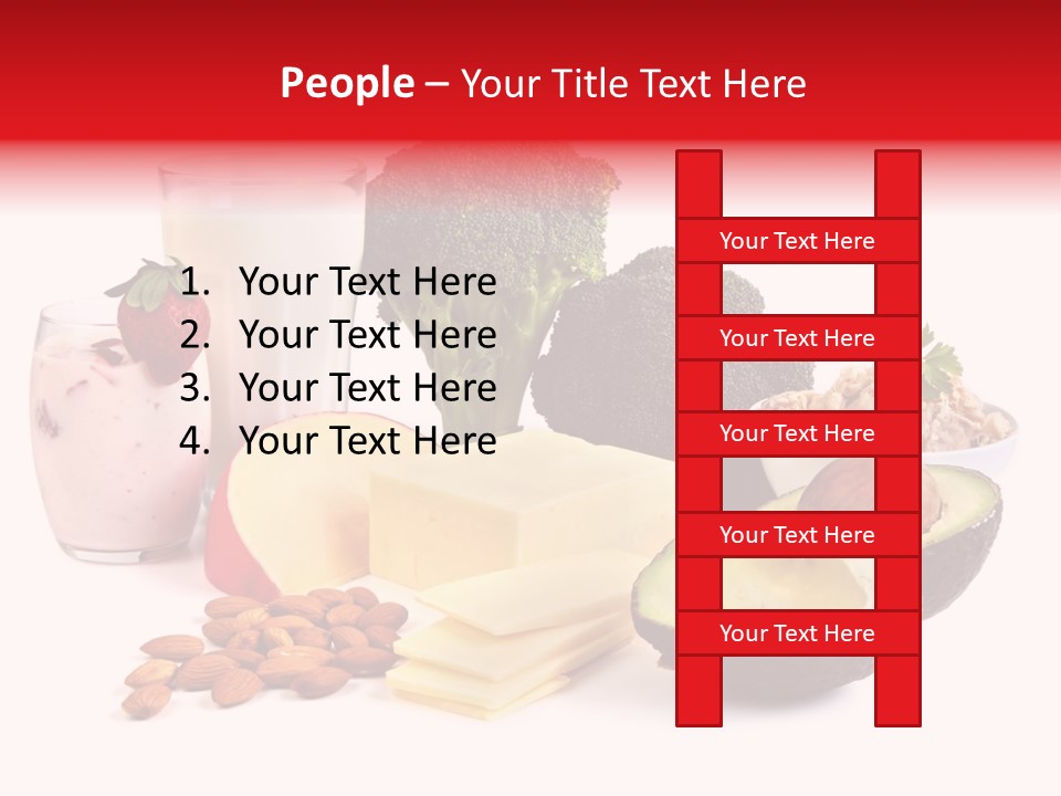 Food Sources Of Calcium, Isolated On White. Includes Milk, Yogurt, Almonds, Cheeses, Broccoli, Salmon, And Avocado. PowerPoint Template