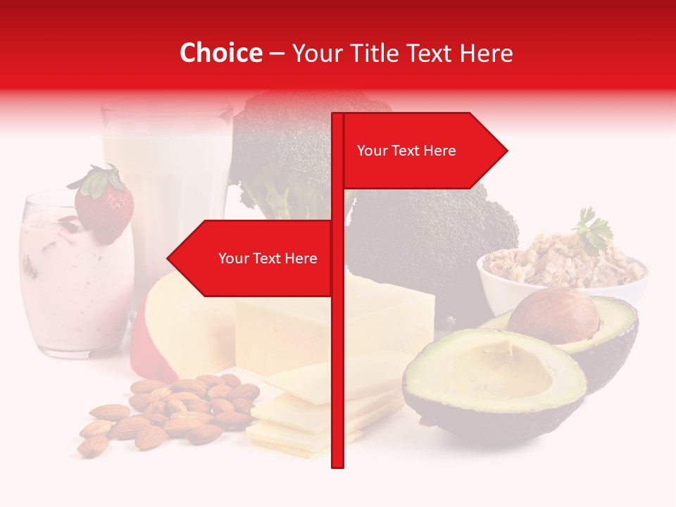 Food Sources Of Calcium, Isolated On White. Includes Milk, Yogurt, Almonds, Cheeses, Broccoli, Salmon, And Avocado. PowerPoint Template