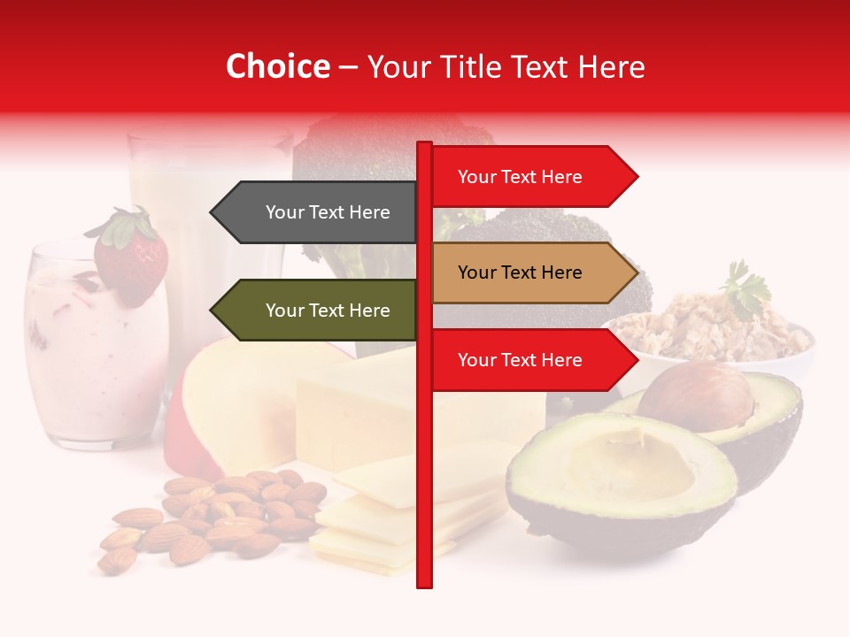 Food Sources Of Calcium, Isolated On White. Includes Milk, Yogurt, Almonds, Cheeses, Broccoli, Salmon, And Avocado. PowerPoint Template