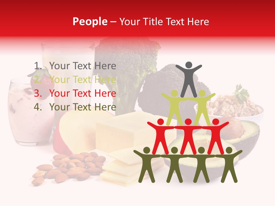 Food Sources Of Calcium, Isolated On White. Includes Milk, Yogurt, Almonds, Cheeses, Broccoli, Salmon, And Avocado. PowerPoint Template