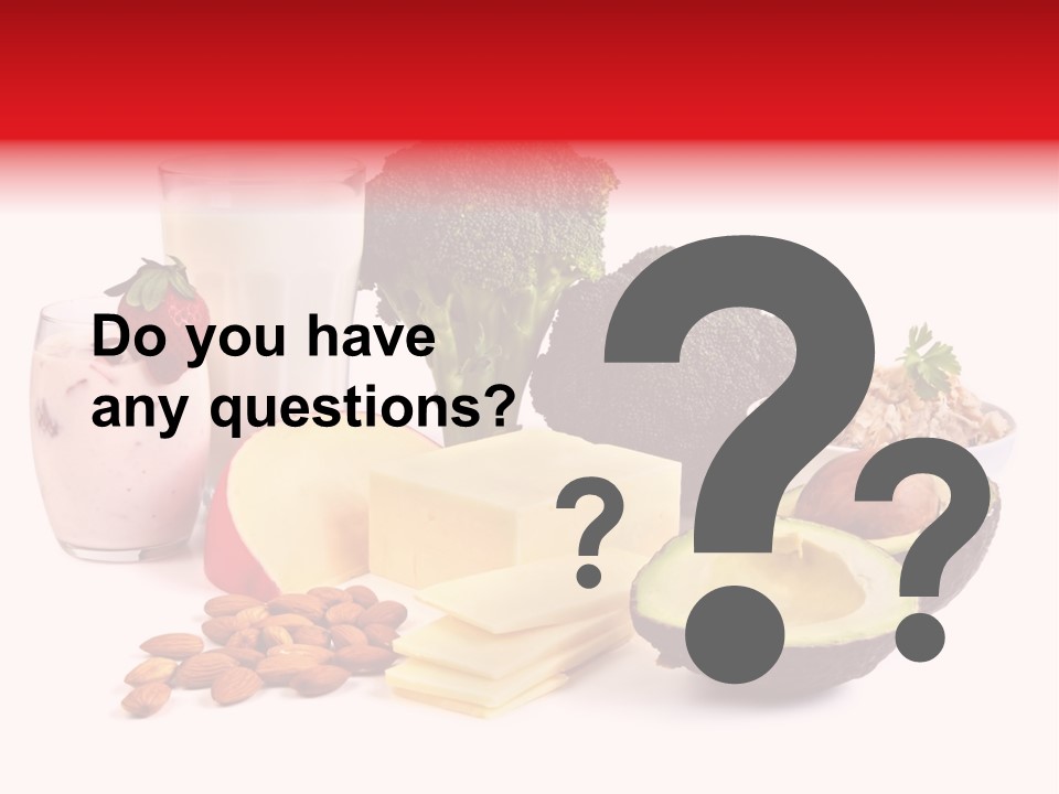 Food Sources Of Calcium, Isolated On White. Includes Milk, Yogurt, Almonds, Cheeses, Broccoli, Salmon, And Avocado. PowerPoint Template