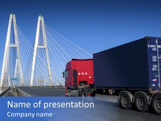 Blue-Red Truck Driving On Cable-Braced Bridge PowerPoint Template