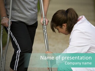 Physical Therapists Adjusts A Patient's Crutches PowerPoint Template